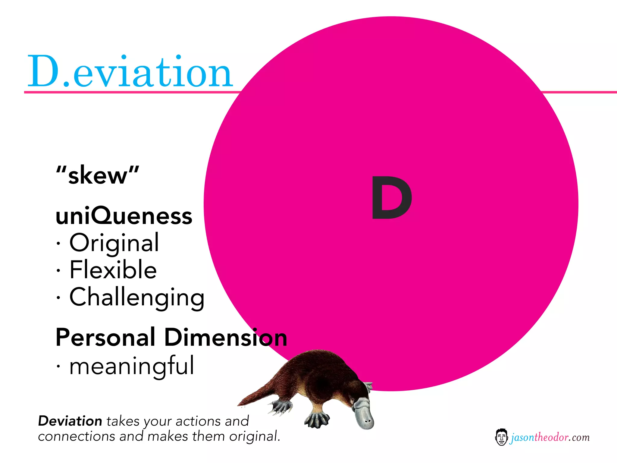 D.eviation


                                       D
  “skew”
  uniQueness
  · Original
  · Flexible
  · Challenging
  Personal Dimension
  · meaningful

Deviation takes your actions and
connections and makes them original.       jasontheodor.com
 