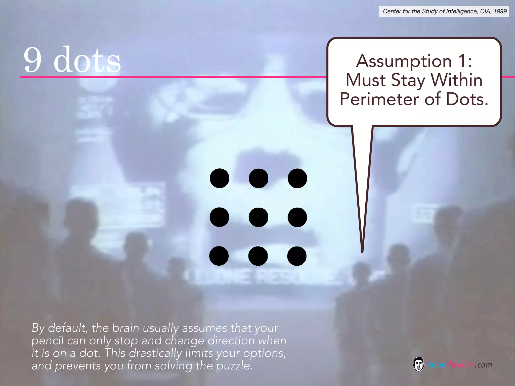 Center for the Study of Intelligence, CIA, 1999




9 dots                                                    Assumption 1:
                                                         Must Stay Within
                                                        Perimeter of Dots.




By default, the brain usually assumes that your
pencil can only stop and change direction when
it is on a dot. This drastically limits your options,
and prevents you from solving the puzzle.                                    jasontheodor.com
 
