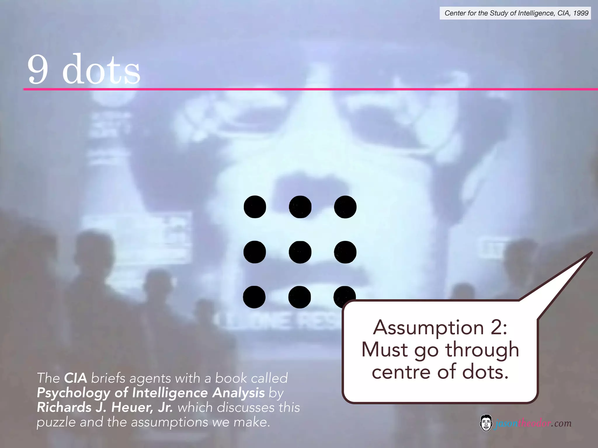 Center for the Study of Intelligence, CIA, 1999




9 dots




                                               Assumption 2:
                                              Must go through
The CIA briefs agents with a book called       centre of dots.
Psychology of Intelligence Analysis by
Richards J. Heuer, Jr. which discusses this
puzzle and the assumptions we make.                                   jasontheodor.com
 