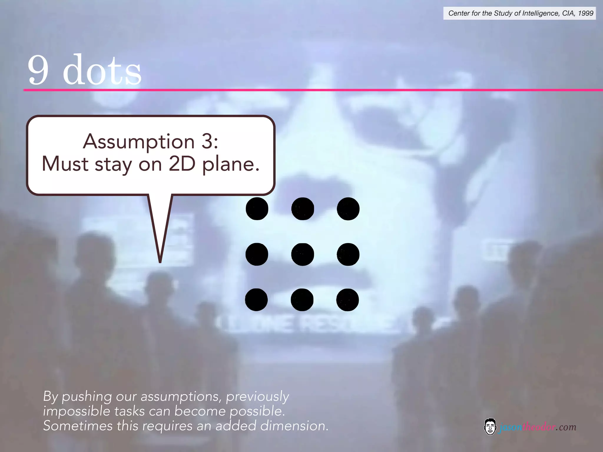 Center for the Study of Intelligence, CIA, 1999




9 dots
   Assumption 3:
Must stay on 2D plane.




By pushing our assumptions, previously
impossible tasks can become possible.
Sometimes this requires an added dimension.                   jasontheodor.com
 