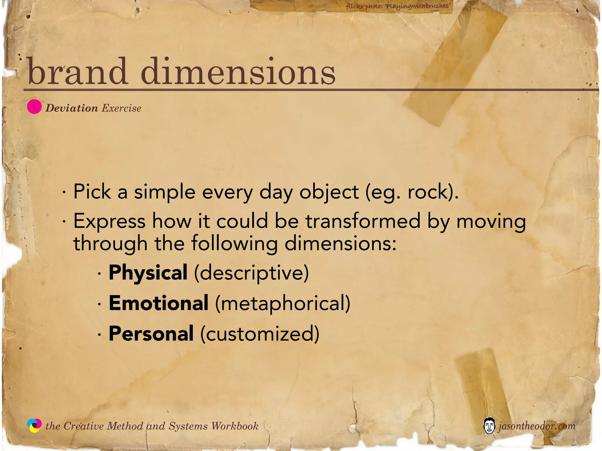 flickr photo: ‘Playingwithbrushes’




brand dimensions
  D
               Deviation Exercise




                 · Pick a simple every day object (eg. rock).
                 · Express how it could be transformed by moving
                   through the following dimensions:
                      · Physical (descriptive)
                      · Emotional (metaphorical)
                      · Personal (customized)



               the Creative Method and Systems Workbook                                        jasontheodor.com
  the
Creative
Method
 and systems
 