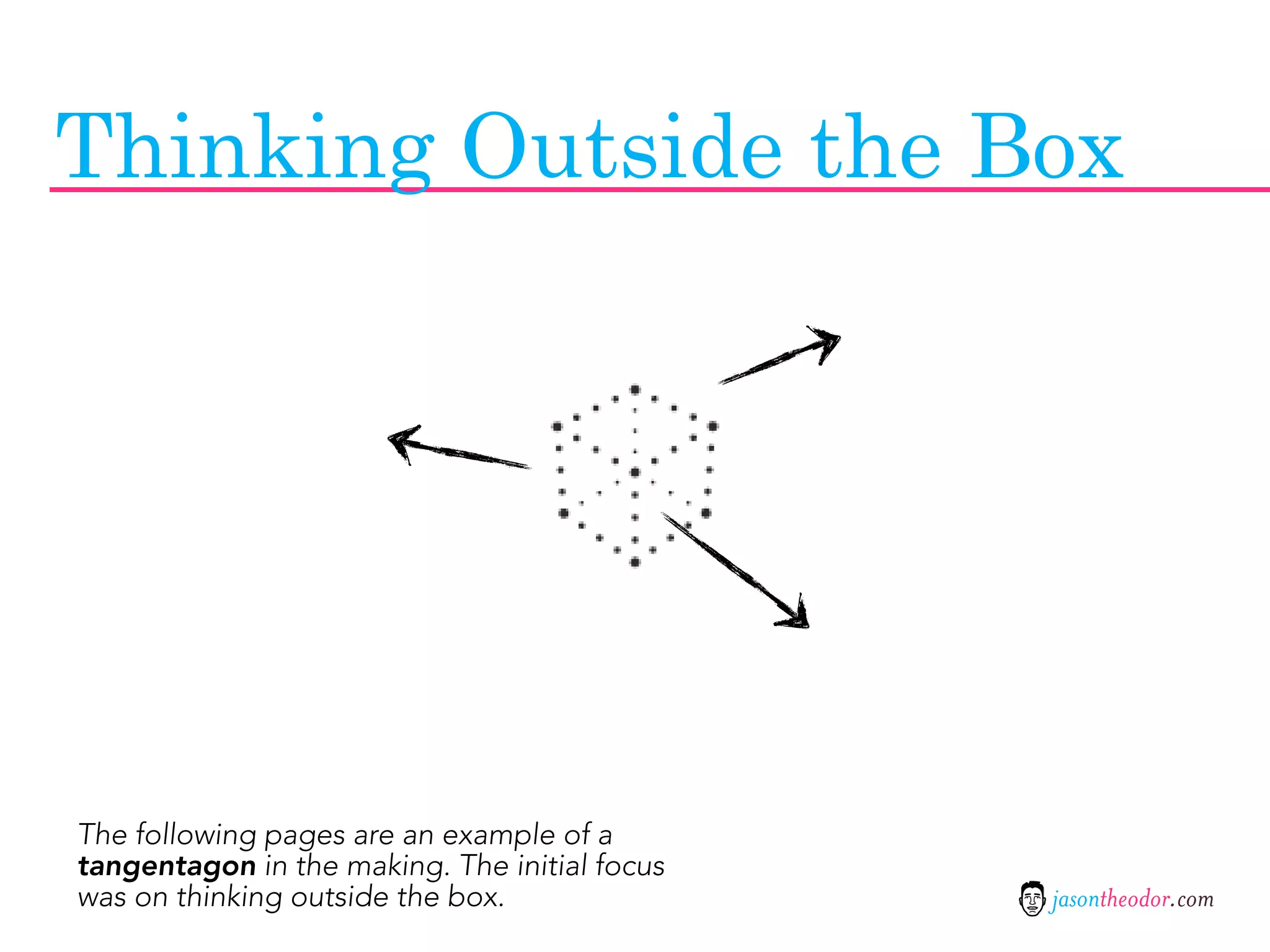 Thinking Outside the Box




The following pages are an example of a
tangentagon in the making. The initial focus
was on thinking outside the box.               jasontheodor.com
 