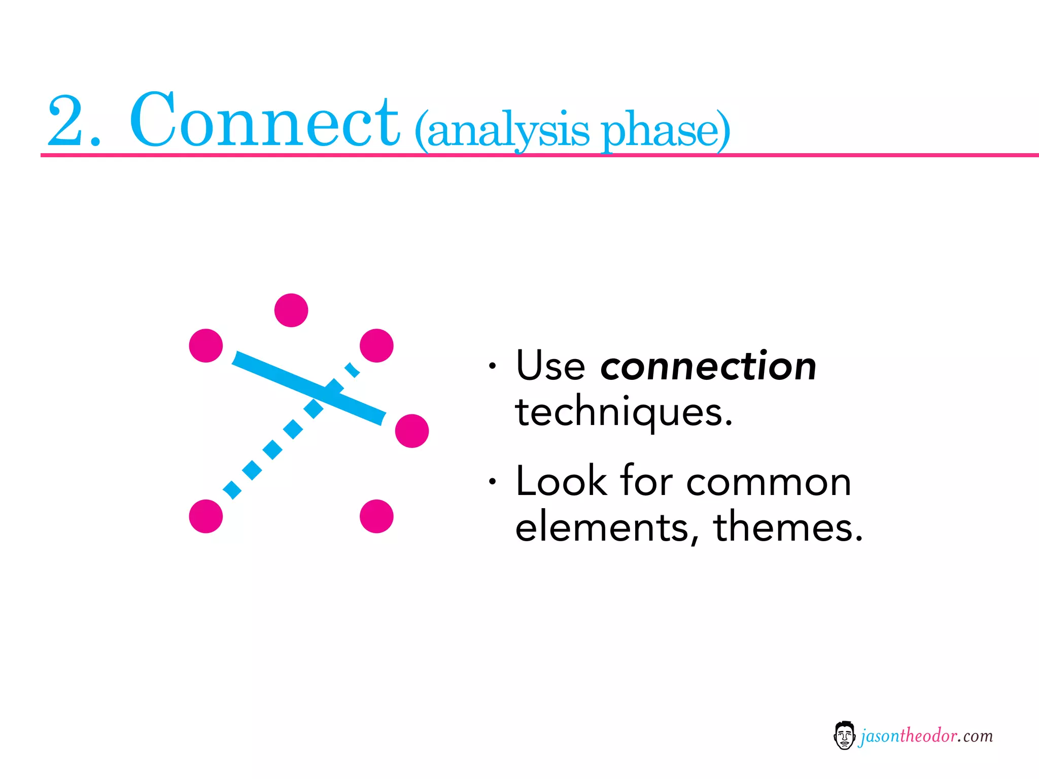 2. Connect (analysis phase)


                 · Use connection
                  techniques.
                 · Look for common
                  elements, themes.



                                     jasontheodor.com
 