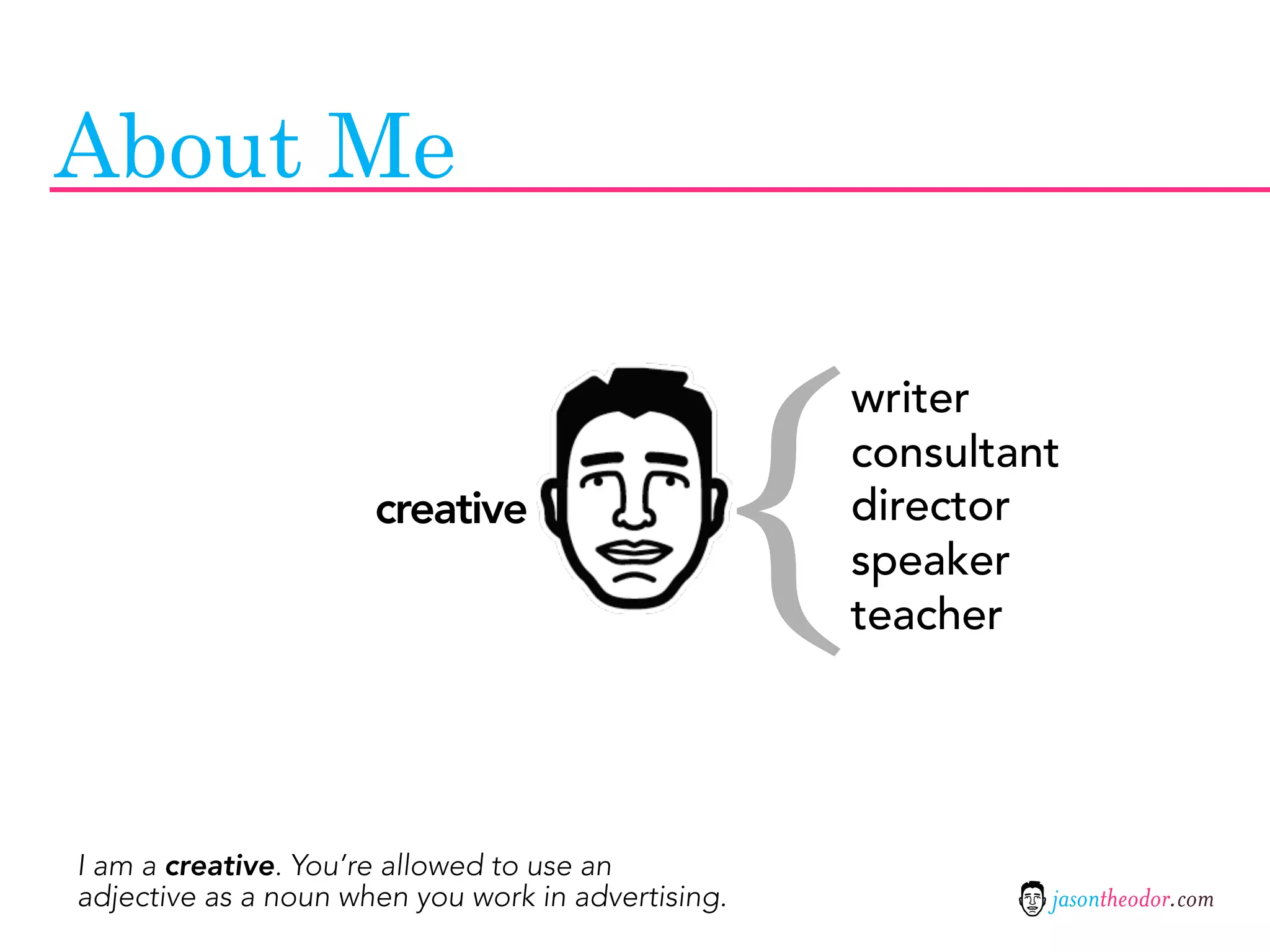 About Me



                                                {
                                                    writer
                                                    consultant
                      creative                      director
                                                    speaker
                                                    teacher




I am a creative. You’re allowed to use an
adjective as a noun when you work in advertising.            jasontheodor.com
 