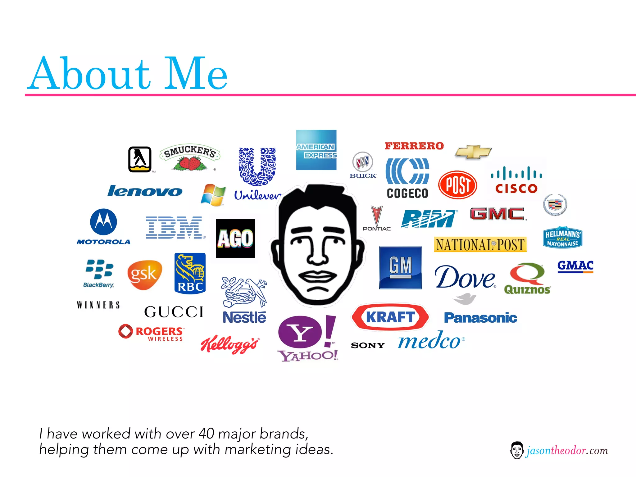 About Me




I have worked with over 40 major brands,
helping them come up with marketing ideas.   jasontheodor.com
 