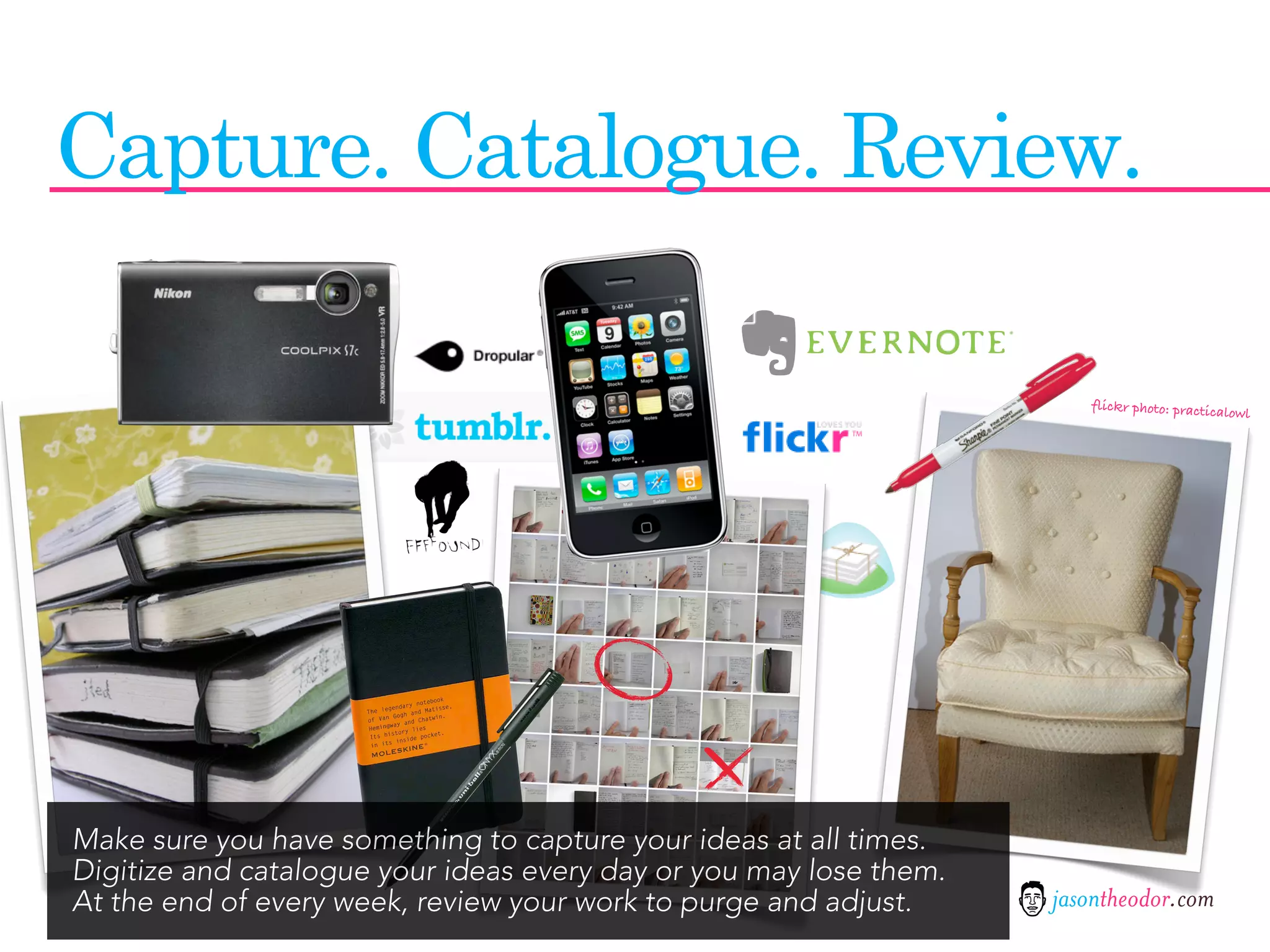 Capture. Catalogue. Review.

                                                                       flickr photo: practical
                                                                                              owl




Make sure you have something to capture your ideas at all times.
Digitize and catalogue your ideas every day or you may lose them.
At the end of every week, review your work to purge and adjust.     jasontheodor.com
 