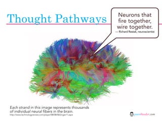 Thought Pathways
                                                                Neurons that
                                                                fire together,
                                                                wire together.
                                                               — Richard Restak, neuroscientist




Each strand in this image represents thousands
of individual neural fibers in the brain.
http://www.technologyreview.com/player/08/08/06Singer/1.aspx                  jasontheodor.com
 