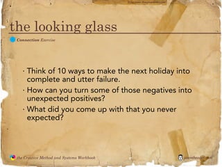 flickr photo: ‘Playingwithbrushes’




the looking glass
  C
               Connection Exercise




                 · Think of 10 ways to make the next holiday into
                   complete and utter failure.
                 · How can you turn some of those negatives into
                   unexpected positives?
                 · What did you come up with that you never
                   expected?



               the Creative Method and Systems Workbook                                        jasontheodor.com
  the
Creative
Method
 and systems
 