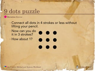 flickr photo: ‘Playingwithbrushes’




9 dots puzzle
  D
               Deviation Exercise


                 · Connect all dots in 4 strokes or less without
                   lifting your pencil.
                 · Now can you do
                   it in 3 strokes?
                 · How about 1?




               the Creative Method and Systems Workbook                                        jasontheodor.com
  the
Creative
Method
 and systems
 