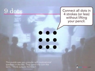 9 dots                                           Connect all dots in
                                                 4 strokes (or less)
                                                   without lifting
                                                    your pencil.




This puzzle was very popular with motivational
speakers in the 80s. They used it to coin the
term, “Think outside the box.”                             jasontheodor.com
 
