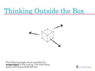 Thinking Outside the Box




The following pages are an example of a
tangentagon in the making. The initial focus
was on thinking outside the box.               jasontheodor.com
 