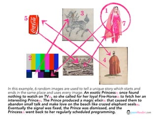 3               1
          5
                                                                         7




              2                                             4
                                                6


In this example, 6 random images are used to tell a unique story which starts and
ends in the same place and uses every image. An exotic Princess(1) once found
nothing to watch on TV(2), so she called for her loyal Fire-Horse(3) to fetch her an
interesting Prince(4). The Prince produced a magic elixir(5) that caused them to
abandon small talk and make love on the beach like crazed elephant seals(6).
Eventually the signal was fixed, the Prince was dismissed, and the
Princess(7) went back to her regularly scheduled programming.               jasontheodor.com
 