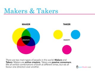 Makers & Takers
                MAKER                                    TAKER




                CREATIVITY                               PASSIVITY




There are two main types of people in this world: Makers and
Takers. Makers are active creators. Takers are passive consumers.
We all exhibit combinations of both at different times, but we all
favour one direction over another.                                   jasontheodor.com
 