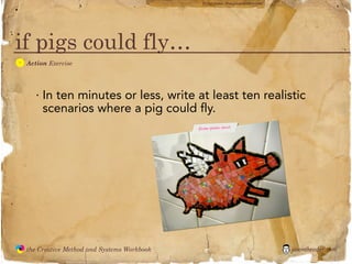 flickr photo: ‘Playingwithbrushes’




if pigs could fly…
  A
               Action Exercise




                  · In ten minutes or less, write at least ten realistic
                    scenarios where a pig could fly.
                                                          flickr photo: churl




               the Creative Method and Systems Workbook                                          jasontheodor.com
  the
Creative
Method
 and systems
 