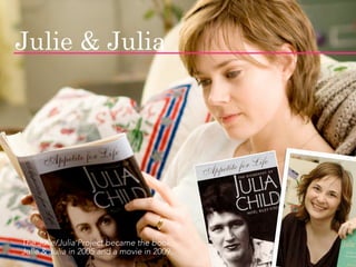 Julie & Julia




The Julie/Julia Project became the book
Julie & Julia in 2005 and a movie in 2009.   jasontheodor.com
 