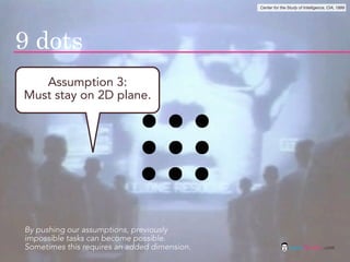 Center for the Study of Intelligence, CIA, 1999




9 dots
   Assumption 3:
Must stay on 2D plane.




By pushing our assumptions, previously
impossible tasks can become possible.
Sometimes this requires an added dimension.                   jasontheodor.com
 
