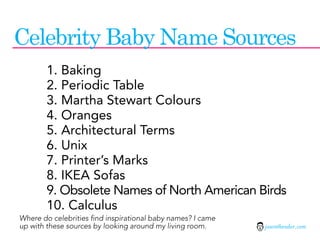 Celebrity Baby Name Sources
        1. Baking
        2. Periodic Table
        3. Martha Stewart Colours
        4. Oranges
        5. Architectural Terms
        6. Unix
        7. Printer’s Marks
        8. IKEA Sofas
        9. Obsolete Names of North American Birds
        10. Calculus
Where do celebrities find inspirational baby names? I came
up with these sources by looking around my living room.      jasontheodor.com
 