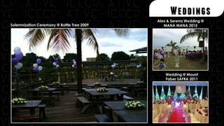 Weddings
Solemnization Ceremony @ Bottle Tree 2009
Alex & Serena Wedding @
MANA MANA 2015
Wedding @ Mount
Faber SAFRA 2011
 