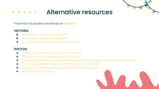 Alternative resources
Find more illustration like these on Freepik
VECTORS:
● Hand drawn timeline infographic
● Hand drawn timeline infographic
● Lovely hand drawn web design concept
PHOTOS:
● Smiley man working on laptop from home
● Elegant new year background with book
● Colorful confetti and curling streamers on white background with space for text
● Front view woman reading something for her students
● Top view non binary kids playing with a colorful game
● Kid playing with jigsaw
 