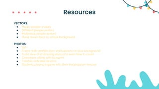 Resources
VECTORS:
● Happy people avatars
● Different people avatars
● Multiracial people avatars
● Hand drawn back to school background
PHOTOS:
● Girl
● Frame with confetti stars and balloons on blue background
● Front view of child using abacus to learn how to count
● Coworkers sitting with blueprint
● Teacher indicates an error
● Students playing a game with their kindergarten teacher
 