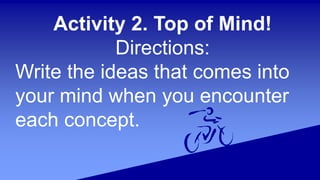 Activity 2. Top of Mind!
Directions:
Write the ideas that comes into
your mind when you encounter
each concept.
 