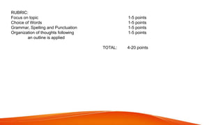RUBRIC:
Focus on topic 1-5 points
Choice of Words 1-5 points
Grammar, Spelling and Punctuation 1-5 points
Organization of thoughts following 1-5 points
an outline is applied
TOTAL: 4-20 points
 