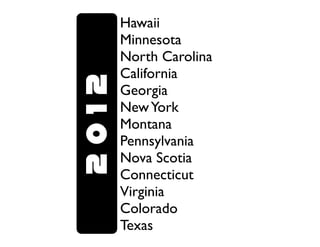 Hawaii
       Minnesota
       North Carolina
       California
2012   Georgia
       New York
       Montana
       Pennsylvania
       Nova Scotia
       Connecticut
       Virginia
       Colorado
       Texas
 