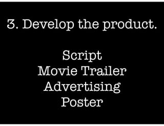 3. Develop the product.
!

Script
Movie Trailer
Advertising
Poster

 