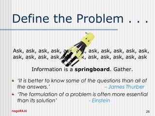 nagaRAJU 26
Define the Problem . . .
‘It is better to know some of the questions than all of
the answers.’ – James Thurber
‘The formulation of a problem is often more essential
than its solution’ - Einstein
Ask, ask, ask, ask, ask, ask, ask, ask, ask, ask, ask,
ask, ask, ask, ask, ask, ask, ask, ask, ask, ask, ask
Information is a springboard. Gather.
 
