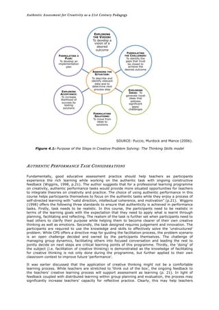 Authentic Assessment for Creativity as a 21st Century Pedagogy	
  
	
  
SOURCE: Puccio, Murdock and Mance (2006).
Figure 4.1: Purpose of the Steps in Creative Problem Solving: The Thinking Skills model
AUTHENTIC PERFORMANCE TASK CONSIDERATIONS
Fundamentally, good educative assessment practice should help teachers as participants
experience the rich learning while working on the authentic task with ongoing constructive
feedback (Wiggins, 1998, p.21). The author suggests that for a professional learning programme
on creativity, authentic performance tasks would provide more situated opportunities for teachers
to integrate theories on creativity and practice. The choice of using authentic performance in this
course helps participants themselves to focus on the authentic tasks while they enjoy a process of
self-directed learning with “valid direction, intellectual coherence, and motivation” (p.21). Wiggins
(1998) offers the following three standards to ensure that authenticity is achieved in performance
tasks. Firstly, task needs to be realistic. In this course, the participants need to be realistic in
terms of the learning goals with the expectation that they need to apply what is learnt through
planning, facilitating and reflecting. The realism of the task is further set when participants need to
lead others to clarify their purpose while helping them to become clearer of their own creative
thinking as well as emotions. Secondly, the task designed requires judgement and innovation. The
participants are required to use the knowledge and skills to effectively solve the ‘unstructured’
problem. While CPS offers a directive map for guiding the facilitation process, the problem scenario
is an open challenge decided and owned by the participants themselves. The challenge of
managing group dynamics, facilitating others into focused conversation and leading the rest to
jointly decide on next steps are critical learning points of this programme. Thirdly, the ‘doing’ of
the subject (i.e. facilitation of creative thinking) is demonstrated as the knowledge of facilitating
for creative thinking is not only done during the programme, but further applied to their own
classroom context to improve future ‘performance’.
It was earlier discussed that the application of creative thinking might not be a comfortable
learning process. While teachers are stretched to ‘think out of the box’, the ongoing feedback to
the teachers’ creative learning process will support assessment as learning (p. 21). In light of
feedback coupled with distributed learning within group planning and evaluation, the process may
significantly increase teachers’ capacity for reflective practice. Clearly, this may help teachers
ASSESSING THE
SITUATION:
To describe and
identify relevant
data and to
determine next
process step
EXPLORING
THE VISION:
To develop a
vision of a
desired
outcome
FORMULATING
THE CHALLENGES:
To identify the
gaps that must
be closed to
achieve the
desired outcome
EXPLORING
IDEAS: To
generate novel
ideas that
address
significant
gaps/
challenges
FORMULATING
SOLUTIONS:
To move from
ideas to
solutions
EXPLORING
ACCEPTANCE:
To increase
likelihood of
success by
testing
solutions
FORMULATING A
PLAN:
To develop an
implementation
plan
 