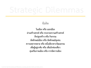 Strategic Dilemmas
A part from http://www.reading.ac.uk/PeBBu/state_of_art/urban_approaches/creative_city/creative_city.htm
ขอคิด
ในเมือง หรือ นอกเมือง
ยานสรางสรรค หรือ กระจายความสรางสรรค
สิ่งปลูกสราง หรือ กิจกรรม
อัตลักษณเมือง หรือ อัตลักษณชุมชน
ความหลากหลาย หรือ หนึ่งเดียวทางวัฒนธรรม
เพื่อผูอยูอาศัย หรือ เพื่อนักทองเที่ยว
สุนทรียภาพเมือง หรือ การจัดการเมือง
 