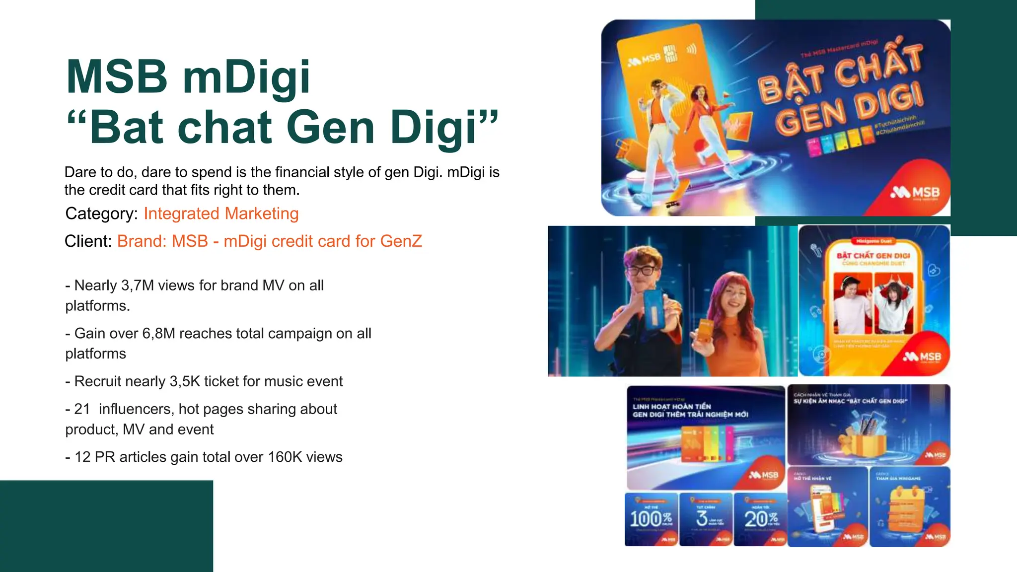 MSB mDigi
“Bat chat Gen Digi”
Category: Integrated Marketing
Client: Brand: MSB - mDigi credit card for GenZ
Dare to do, dare to spend is the financial style of gen Digi. mDigi is
the credit card that fits right to them.
- Nearly 3,7M views for brand MV on all
platforms.
- Gain over 6,8M reaches total campaign on all
platforms
- Recruit nearly 3,5K ticket for music event
- 21 influencers, hot pages sharing about
product, MV and event
- 12 PR articles gain total over 160K views
 