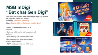 MSB mDigi
“Bat chat Gen Digi”
Category: Integrated Marketing
Client: Brand: MSB - mDigi credit card for GenZ
Dare to do, dare to spend is the financial style of gen Digi. mDigi is
the credit card that fits right to them.
- Nearly 3,7M views for brand MV on all
platforms.
- Gain over 6,8M reaches total campaign on all
platforms
- Recruit nearly 3,5K ticket for music event
- 21 influencers, hot pages sharing about
product, MV and event
- 12 PR articles gain total over 160K views
 