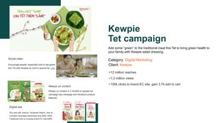 Kewpie
Tet campaign
Add some “green” to the traditional meal this Tet to bring green health to
your family with Kewpie salad dressing.
Category: Digital Marketing
Client: Kewpie
Social video
Encourage people, especially kids to eat green
this Tet with Kewpie as mom’s special tip. Link
Always on content
Always on content in 2 months to spread out
campaign key message and introduce product
features.
Digital ads
Run ads with metrics: Facebook Reach, view to
increase campaign awareness and SEM, GDN,
Facebook click to increase brand EC site traffic.
>12 million reaches
~1.2 million views
~100k clicks to brand EC site, gain 3.7k add to cart
 