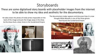 Storyboards
These are some digitalised story boards with placeholder images from the internet
to be able to show my idea and aesthetic for the documentary.
He takes down the photo of molly writes impossible on the
back of the image and puts the image away in the draw.​​
As the draw shuts a door shuts in the Sunderland Empire​
IMPOSSIBLE
The documentary maker appears and discusses how it is now
thought Molly Moselle is one of the three ghosts
that haunts the Sunderland Empire
 