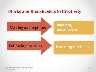 Blocks and Blockbusters to Creativity


                                   Checking
  Making assumptions
                                   assumptions



 Following the rules               Breaking the rules




Creative problem Solving - Gihan
Abiueleish
 