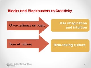 Blocks and Blockbusters to Creativity

                                      Use imagination
  Over-reliance on logic
                                         and intuition



  Fear of failure                  Risk-taking culture




Creative problem Solving - Gihan
Abiueleish
 