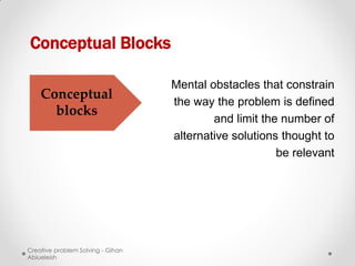 Conceptual Blocks

                                   Mental obstacles that constrain
    Conceptual
                                   the way the problem is defined
      blocks
                                           and limit the number of
                                   alternative solutions thought to
                                                        be relevant




Creative problem Solving - Gihan
Abiueleish
 