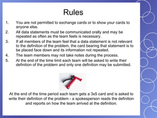 Rules
1.   You are not permitted to exchange cards or to show your cards to
     anyone else.
2.   All data statements must be communicated orally and may be
     repeated as often as the team feels is necessary.
3.   If all members of the team feel that a data statement is not relevant
     to the definition of the problem, the card bearing that statement is to
     be placed face down and its information not repeated.
4.   The team members may not take notes during the process.
5.   At the end of the time limit each team will be asked to write their
     definition of the problem and only one definition may be submitted.




 At the end of the time period each team gets a 3x5 card and is asked to
 write their definition of the problem - a spokesperson reads the definition
            and reports on how the team arrived at the definition.
 