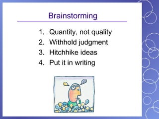 Brainstorming

1.   Quantity, not quality
2.   Withhold judgment
3.   Hitchhike ideas
4.   Put it in writing
 