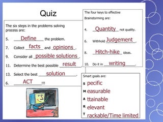 Quiz                    The four keys to effective
                                             Brainstorming are:

The six steps in the problems solving
process are:                                 4.      Quantity
                                                   _______________ not quality.


5.       Define
     _______________ the problem.
                                             6.             Judgement
                                                   Withhold _________________.

7.             facts        opinions
     Collect _________ and ____________.
                                             8.      Hitch-hike
                                                   _________________ ideas.
9.                 possible solutions
     Consider all _______________________.

                                  result
11. Determine the best possible ___________. 10.                writing
                                                   Do it in __________________.


                        solution
13. Select the best ___________________.     Smart goals are:

6.        ACT
     ______________!!!                       S pecific
                                             M easurable

                                             A ttainable

                                             R
                                               elevant
                                             T
                                               rackable/Time limited
 