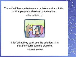 The only difference between a problem and a solution
       is that people understand the solution.
                    - Charles Kettering




     It isn’t that they can’t see the solution. It is
            that they can’t see the problem.
                    - Grover Cleveland
 