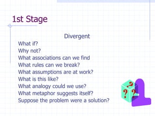 1st Stage
                   Divergent
 What if?
 Why not?
 What associations can we find
 What rules can we break?
 What assumptions are at work?
 What is this like?
 What analogy could we use?
 What metaphor suggests itself?
 Suppose the problem were a solution?
 