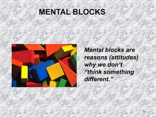 14 
MENTAL BLOCKS 
Mental blocks are 
reasons (attitudes) 
why we don’t 
“think something 
different.” 
 