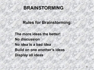 39 
BRAINSTORMING 
Rules for Brainstorming: 
 The more ideas the better! 
 No discussion 
 No idea is a bad idea 
 Build on one another’s ideas 
 Display all ideas 
 