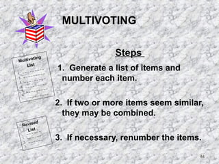 44 
MULTIVOTING 
Steps 
1. Generate a list of items and 
number each item. 
2. If two or more items seem similar, 
they may be combined. 
3. If necessary, renumber the items. 
Multivoting 
List 
1. 
2. 
3. 
4. 
5. 
6. 
Revised 
List 
1. 
2. 
3. 
 