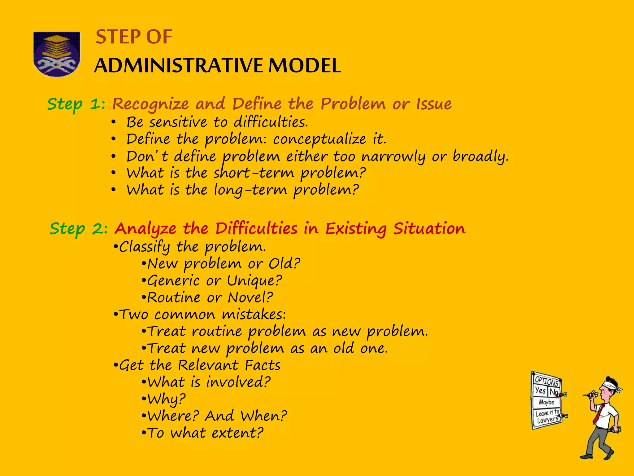 ADMINISTRATIVEMODEL
STEP OF
Step 1: Recognize and Define the Problem or Issue
• Be sensitive to difficulties.
• Define the problem: conceptualize it.
• Don’t define problem either too narrowly or broadly.
• What is the short-term problem?
• What is the long-term problem?
Step 2: Analyze the Difficulties in Existing Situation
•Classify the problem.
•New problem or Old?
•Generic or Unique?
•Routine or Novel?
•Two common mistakes:
•Treat routine problem as new problem.
•Treat new problem as an old one.
•Get the Relevant Facts
•What is involved?
•Why?
•Where? And When?
•To what extent?
 