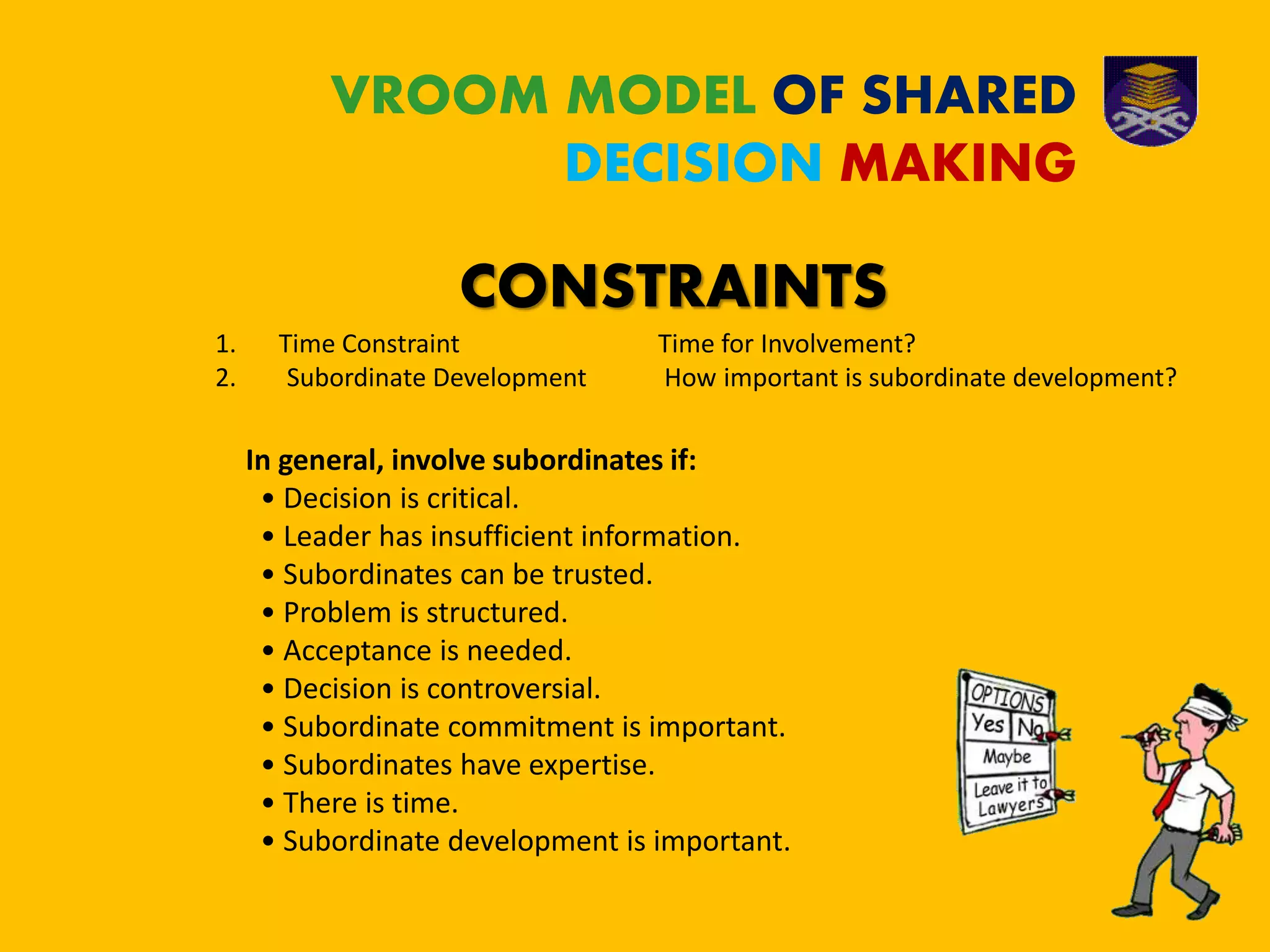 VROOM MODEL OF SHARED
DECISION MAKING
CONSTRAINTS
1. Time Constraint Time for Involvement?
2. Subordinate Development How important is subordinate development?
In general, involve subordinates if:
• Decision is critical.
• Leader has insufficient information.
• Subordinates can be trusted.
• Problem is structured.
• Acceptance is needed.
• Decision is controversial.
• Subordinate commitment is important.
• Subordinates have expertise.
• There is time.
• Subordinate development is important.
 