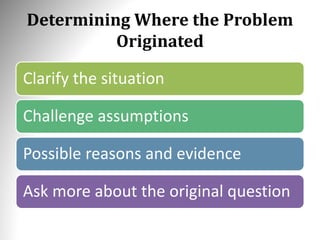 Determining Where the Problem
Originated
Clarify the situation
Challenge assumptions
Possible reasons and evidence
Ask more about the original question
 