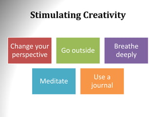 Stimulating Creativity
Change your
perspective
Go outside
Breathe
deeply
Meditate
Use a
journal
 